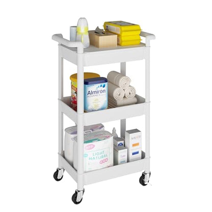 MIOCASA Utility Rolling Cart with Cover Top Board, 3-Tier Kitchen Storage Organization, Art Cart with Wheels for Office, Classroom, Living Room, Kitchen, Bathroom, White, Plastic - size: 3-Tier, style: White