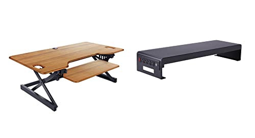 Rocelco 40" Large Height Adjustable Standing Desk Converter with Dual Monitor Stand BUNDLE - Quick Sit Stand Up Computer Workstation Riser - Retractable Keyboard Tray - Teak (R DADRT-40-DMS) - color: Teak/Black, size: 46", style: Riser+Monitor Stand