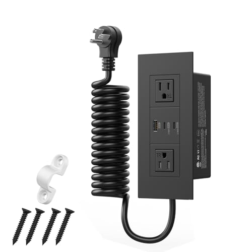 Furniture Drawer Outlet (ETL Listed) with 65W USB-C Ports Fast Charging,Tamper-Resistant Design AC Outlets, Recessed Power Strip 2 AC Outlets, 5 FT Spring Cord (Black) - color: Black