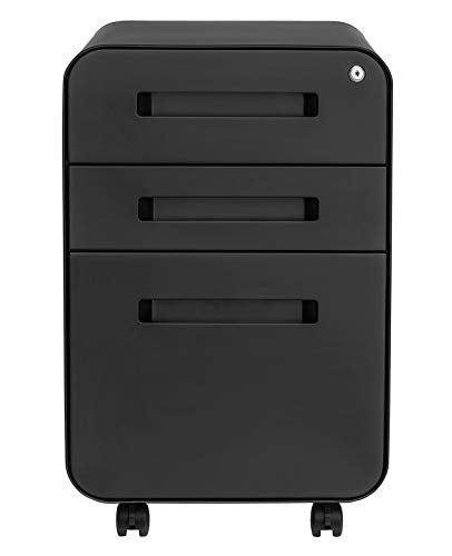 Laura Davidson Furniture Stockpile 3 Drawer File Cabinet with Lock - Under Office Desk Metal Filing Cabinet, Legal/Letter File Folders, Wheels and Stationary Feet, Pre-Assembled, Black - color: Black