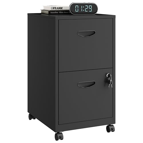 Polup 2 Drawer File Cabinet on Wheels, Mobile Two Drawer Filing Cabinet with Lock, Small Rolling Files Cabinets for Under Desk, Metal Filing Cabinets for Letter Size Folders - Assembly Required - color: Black, style: 2 Drawer on Wheels