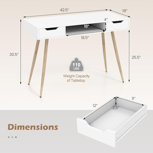 Tangkula Mid Century Modern Desk Simple Computer Desk | White Writing Desk Vanity Table w/2 Drawers & Open Center Storage, Small Wooden Study Table for Home Office & Compact Spaces - color: White