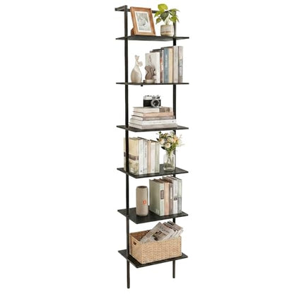 6-Tier Wall Mounted Ladder Shelf, Black, 77" H - color: Black, size: 6 Tier