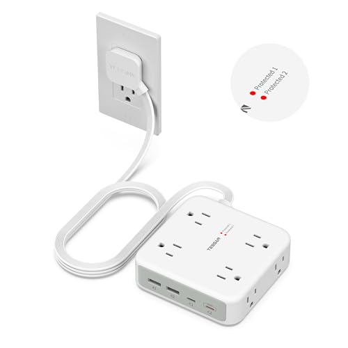 TESSAN Dual Surge Protector Power Strip, 5 Ft Extension Cord Flat Wall Plug | 4 USB (2 USB C) 8 Outlets, 2100J Surge Protection, 20W Multiple Charging Station for Home, Office, College, Dorm, Grey - color: White, size: 5 FT