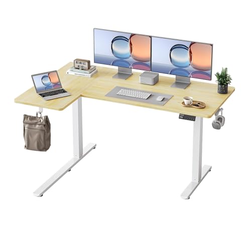 YIHAYO Reversiable L-Shaped Electric Standing Desk, 55 Inches Stand Up Corner Desk, Sit and Stand Up for Work Office Home, Ergonomic Rising Computer Table with Splice Board, Natural - color: White Frame/Natural Top, size: 55*36 Inch