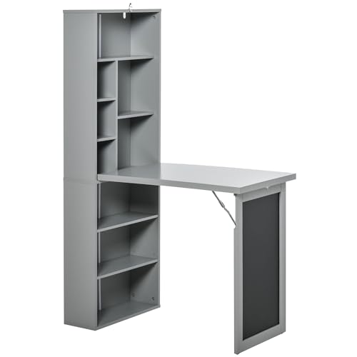 Grey Wood Wall Mounted Folding Desk with Bookshelf & Storage | Foldable Desks for Small Spaces, Pull Out Computer Desk with A Blackboard for Bedroom Apartment - color: Charcoal Grey