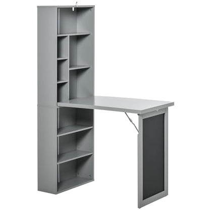 Grey Wood Wall Mounted Folding Desk with Bookshelf & Storage | Foldable Desks for Small Spaces, Pull Out Computer Desk with A Blackboard for Bedroom Apartment - color: Charcoal Grey