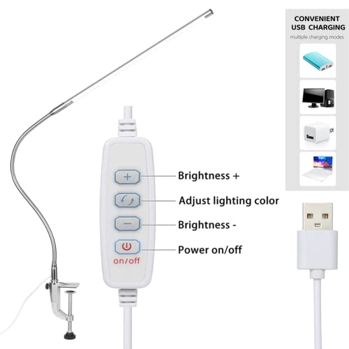 Desk Lamp with Clamp, 3 Modes 10 Brightness 360° Rotation Eye-Caring Reading Light,8W Long Flexible Gooseneck, Architect Task Lamp, USB Clamp Light for Home Office Manicure Reading - color: ‎Trichromatic Light