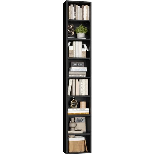 FOTOSOK Bookshelf Bookcase 8-Tier Narrow Bookshelf Tall CD Media Tower Rack | 11.6 X 9.3 X 70.9 Black Bookshelf, Tall Narrow Slim Skinny Display Bookcase with Cube Storage and 4 Adjustable Shelves - color: Black