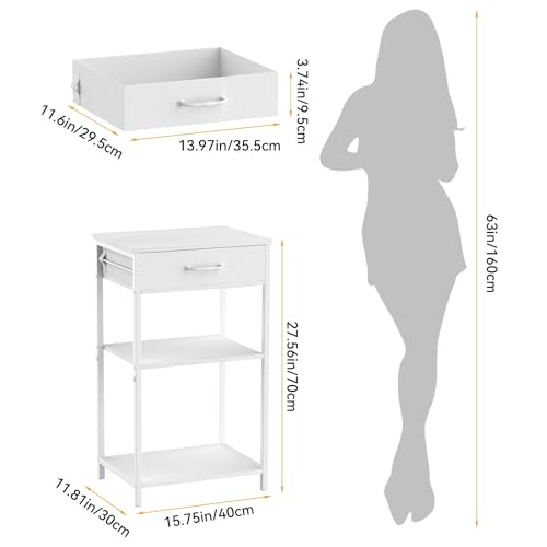 Printer Stand with Fabric Drawer, 3-Tier Industrial Sturdy Under Desk Printer Cart with Open Storage, Narrow Printer Table for Home Office, Fits Printer Scanner Fax Machine, White