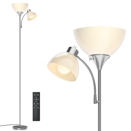 GERGO Torchiere Floor Lamp with Remote Control and Adjustable Reading Light - color: Brushed Nickel