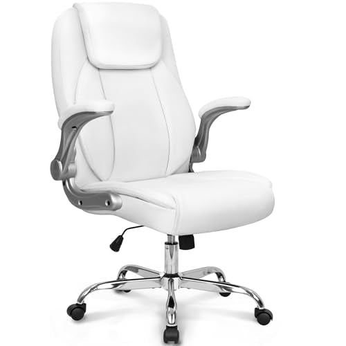 NEO CHAIR Office Desk Chair, High Back PU Leather with Flip-up Arms, White | Ergonomic Tall Computer Desk Chair Comfy, Height Adjustable, Swivel Rolling Wheels for Office Home Gaming Study - color: White