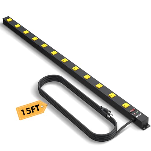 12 Outlet Industrial Long Power Strip Wide-Spaced Outlets with 15Ft Cord | Heavy Duty Metal Power Strip with Wide-Spaced Outlets & 2100J Overload Protection, ETL Listed for Garage Workshop Office Home - size: 1 pack