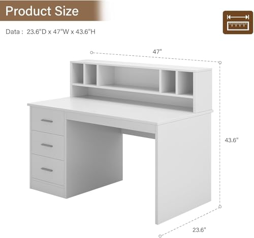 MaverickFurni White Desk with Drawers, 46" Home Office Desk with Hutch and Storage, Small Desk with 3 Drawers for Bedroom, White - color: White