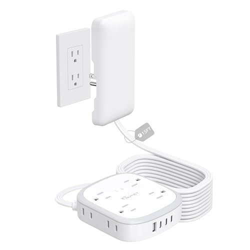 Outlet Cover 15FT Long Extension Cord, Surge Protector Power Strip - size: 8AC-15FT(3 Prong & 2 Pin Plug)