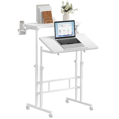 DUMOS Rolling Standing Desk, Sit Stand Desk, Computer Cart | Manual Height Adjustable, Split Top Mobile, Laptop Workstation, Portable Home Office, Walking Pad Study Surface, Modern White - color: Modern White