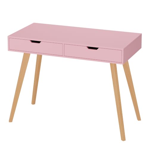 FOTOSOK Writing Desk with 2 Drawers, Small Cute Desk Makeup Vanity Table | Wood Computer Desk with 4 Solid Oak Legs, Home Office Desk & Study Table, Mid Century Desk for Bedroom Small Spaces, Pink - color: Pink