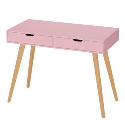 FOTOSOK Writing Desk with 2 Drawers, Small Cute Desk Makeup Vanity Table | Wood Computer Desk with 4 Solid Oak Legs, Home Office Desk & Study Table, Mid Century Desk for Bedroom Small Spaces, Pink - color: Pink