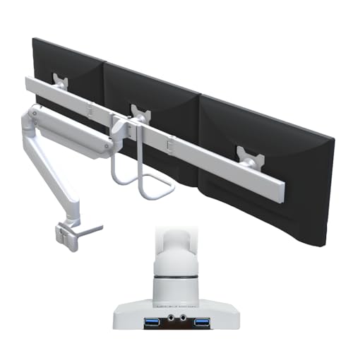 UPLIFT DESK Crestview Align Triple Monitor Stand - Gas Spring Monitor Mount, Adjustment Handle & USB Ports, 13-32” Inch Displays, VESA Compatible, Clamp or Grommet Mounting, Fits Standing (White) - color: White, style: Triple Monitor Arm w/ Wiring Kit