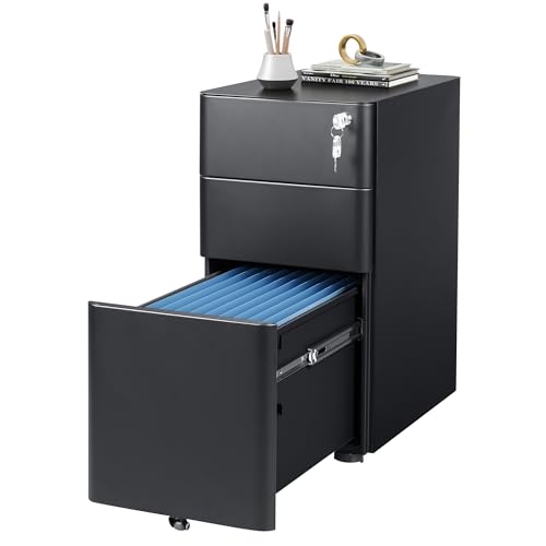 DEVAISE 3 Drawer Mobile File Cabinet, Fully Assembled Except Casters | Metal Filing Cainet with Lock for Home Office, Fits Letter/Legal/A4 Size, 11.8 x 17.7 x 23.2 Inches, Black - color: Black, size: 11.8"W x 17.7"D x 23.2"H