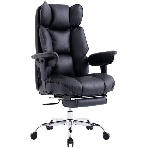 Efomao Executive Office Chair 400lbs, Black Big and Tall Desk Chair | Mattress-grade pocket spring cushion, sleek leather, 135° recline & footrest for computer gaming setup. - color: 3084p-black
