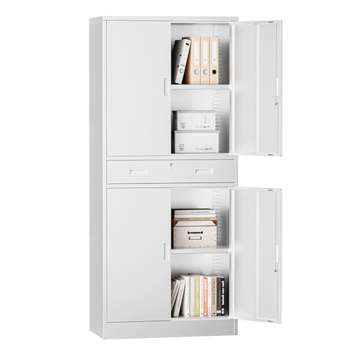 Metal Storage with 1 Drawer, 71" Cabinet with 4 Locking Doors and 2 Adjustable Shelves, Steel Storage File Cabinet for Pantry, Kitchen, Office, Garage (White) - color: White, size: 71"H&1Drawer