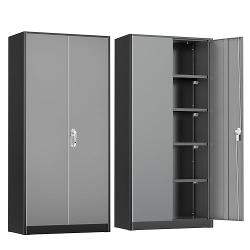 Metal Storage Cabinet with Lock,72" Steel Lockable File Locker Cabinet with Locking Doors and Adjustable Shelves, Storage Lockers for Office, Home, Garage, Gym, School (Black Grey) - color: Black Grey, size: MSC-D18