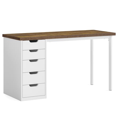 LITTLE TREE Computer Desk with 5 Drawers, 47 Inch Modern Simple Study Writing Desk with Metal Frame, Work Desk for Home Office, Rustic Brown and White - color: Rustic Brown and White