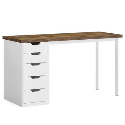 LITTLE TREE Computer Desk with 5 Drawers, 47 Inch Modern Simple Study Writing Desk with Metal Frame, Work Desk for Home Office, Rustic Brown and White - color: Rustic Brown and White