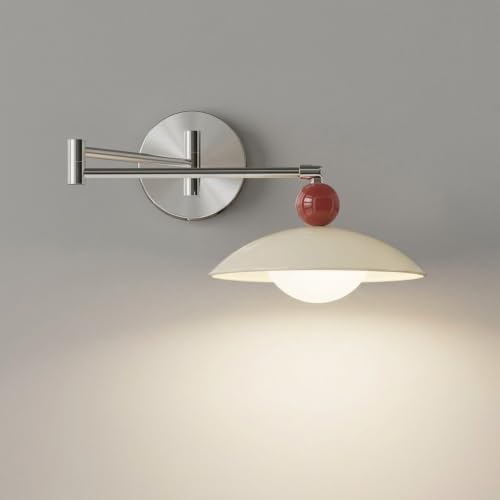 Nordic Chrome Swing Arm Wall Sconce, Modern Cream Dome Wall Mounted Lamp Silver Wall Lighting Fixture with Red Ball Accent for Bedroom Home Office