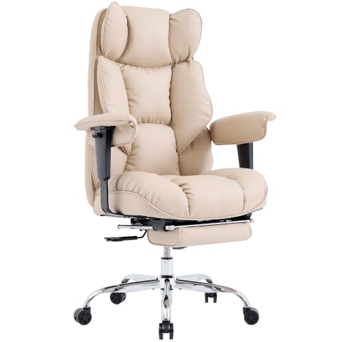 Efomao Executive Office Chair 400lbs,Beige Big and Tall Desk Chair | Mattress-grade pocket spring cushion, sleek leather, 135° recline & footrest for computer gaming setup. - color: 3084p-dark Beige