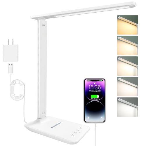 White crown LED Desk Lamp with 15W Wireless Charger & USB Port, Dimmable Table Lamp with 5 Lighting Modes, Sensitive Touch Control, Foldable & Portable Desk Light for Home, Office, Bedroom, Reading - color: White, size: Pro