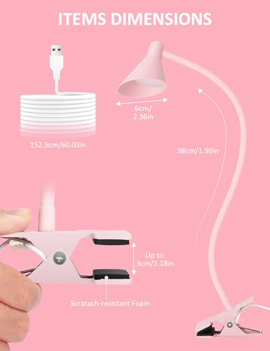 LiFMIRA Pink Small Desk Lamp Clip on LED Reading Light for Bed | 3 Color Modes 10 Dimmable Brightness, Book in Bed Headboard, Flexible Reading Lamp with Clamp BL08 - color: Pink