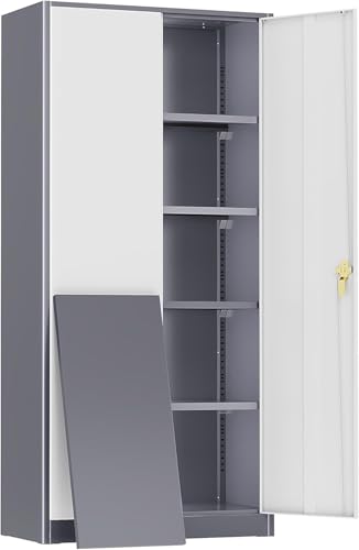 SUNCROWN Metal Storage Cabinets, 72”Locking Cabinet with 2 Doors and 4 Adjustable Shelves, Steel Utility Tool Garage Cabinets,Tall Metal Lockable File Cabinet, Grey & White - color: Grey & White, size: 72"H x 36"W x 18"D