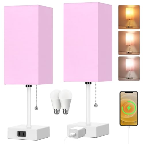15'' Table Lamp for Bedroom set of 2,3-Color Bedside Lamps with Pull Chain - color: White-pink, size: 15inch