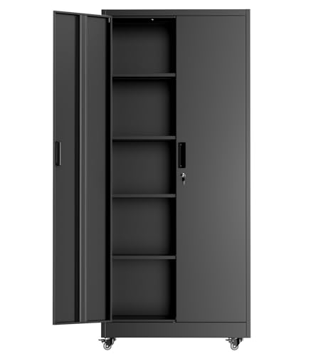 INTERGREAT 73" H Metal Storage Cabinet with Wheels, Locking Doors and Adjustable Shelves, Black Rolling Steel Tool Cabinet for Home Office, Garage, Warehouse - color: Black, size: RMC-73H