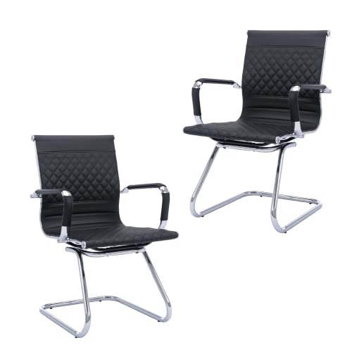 HNY Set of 2 PU Leather Office Guest Chairs, Black - color: Black
