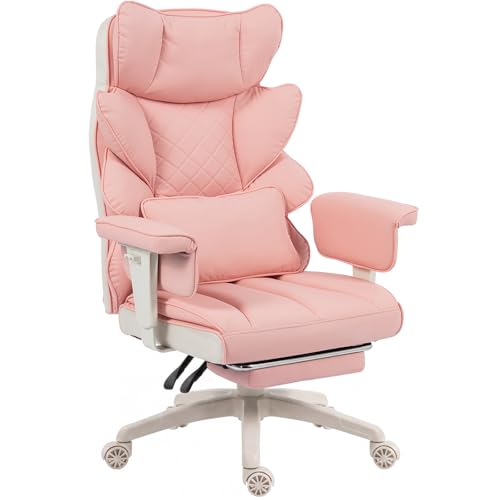 Dowinx Big and Tall Office Chair with Pocket Spring Cushion,High Back Computer Gaming Chairs with Adjustable Armrests,Executive Desk Chairs with Lumbar Support and Footrest,PU-Pink - color: Pink