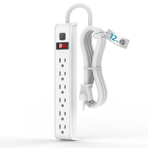 TiFFCOFiO Surge Protector Power Strip, 12 Feet Extension Cord, 600 Joules Surge Protection, Multiple Protection 6 Outlet Strip, 14 AWG Cord, 15A/1875W, ETL Listed - size: 12 ft, style: 1 PACK