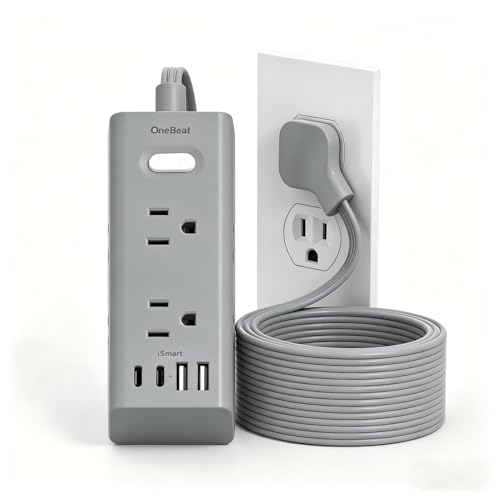 15Ft Extension Cord with Multiple Outlets, Flat Plug Power Strip Surge Protector with 15 Ft Long Cord, 6 Outlet 4 USB Ports (2 USB C), Multi Outlet Wall Plug for College, Dorm Room Essentials(Grey) - color: Grey, size: 15FT