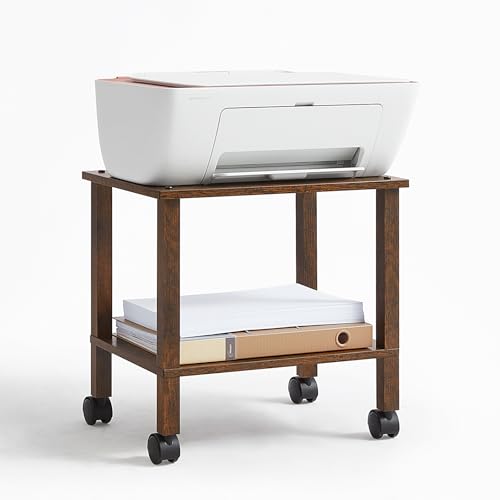 YUFAM 2 Tier Under Desk Printer Stand with Storage, Brown - color: Brown, size: 11.8"D×15.7"W×15.3"H