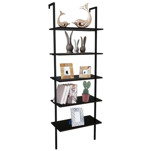 Ladder Shelf Bookshelf, 5-Tier Industrial Bookshelf with Metal Frame and Wood Board, Wall Mounted Bookcase Open Shelf Organizer for Living Room,Home Office, Bedroom,Walnut&Black - color: Walnut & Black