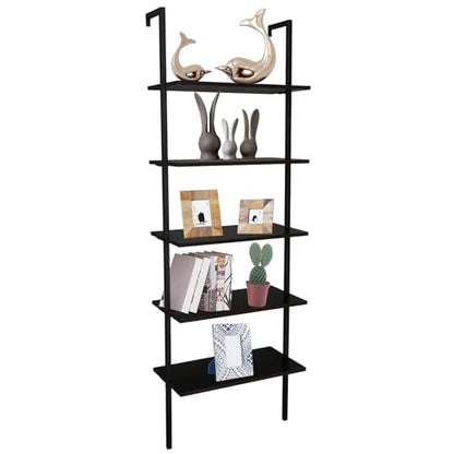 Ladder Shelf Bookshelf, 5-Tier Industrial Bookshelf with Metal Frame and Wood Board, Wall Mounted Bookcase Open Shelf Organizer for Living Room,Home Office, Bedroom,Walnut&Black - color: Walnut & Black