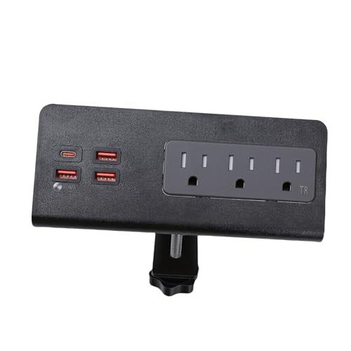 Luocute Desk Clamp Power Strip, 15A 1875W 3 AC Outlets 3 USB A 1 USB C Port, Triangular Design with Detachable Edges Clamp and Bracket, for Home Office Hotel Dormitory (US Plug)