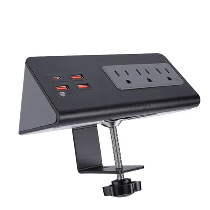 Luocute Desk Clamp Power Strip, 15A 1875W 3 AC Outlets 3 USB A 1 USB C Port, Triangular Design with Detachable Edges Clamp and Bracket, for Home Office Hotel Dormitory (US Plug)