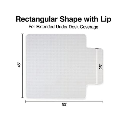 Staples Office Chair Mat, Clear, 53x45 Inch, Flat-Pile Carpet, with Lip | Extended under-desk coverage and smooth glide for carpeted office floors. - size: 45" x 53", style: Flat-Pile