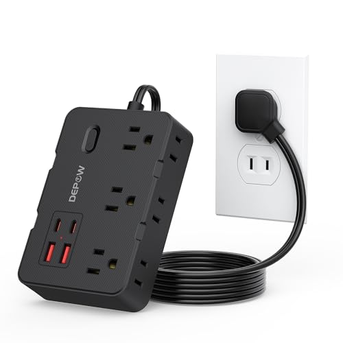 DEPOW 2 Prong to 3 Prong Power Strip, 6 Outlets 4 USB, 5 Ft Extension Cord - color: Black, size: 5 FT(2 prong plug)