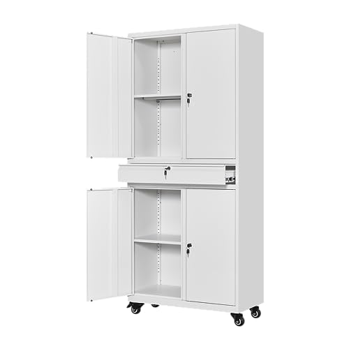 Metal Garage Storage Cabinet with Locking Doors and Adjustable Shelves, 73" Rolling Tool Storage Cabinet with 4 Wheels and 1 Drawer for Garage,Warehouse - color: White, size: 4 Wheel - 1 Drawer - 73"H