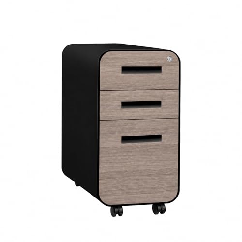 Laura Davidson Furniture Stockpile Slim 3-Drawer Mobile File Cabinet with Lock - Under Desk Metal Filing Cabinet, Legal/Letter File Folders, Wheels & Stationary Feet, Assembled, Black/Wood Faceplate - color: Black/Wood