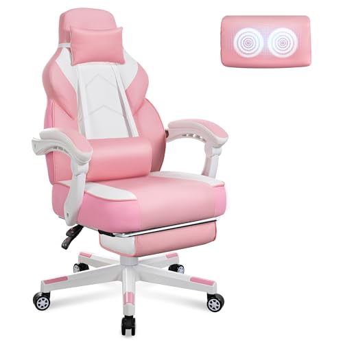 Big and Tall Gaming Chair for Adults, 330lbs Heavy Duty Computer Chair with Footrest & Massage Lumbar Support, Wide Seat High Back Reclining Desk Chair, 360° Swivel, Pink - color: Pink
